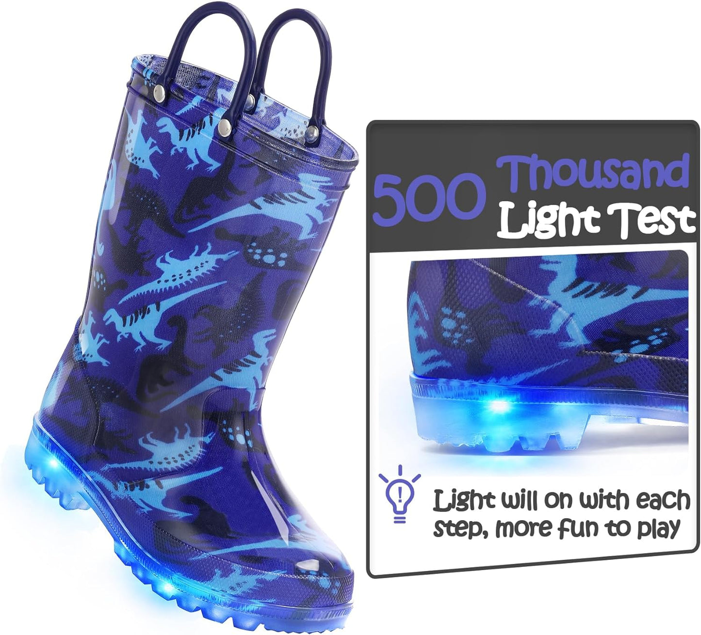 Kids Rain Boots, Waterproof Light up Boots with Easy-On Handles