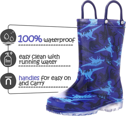 Kids Rain Boots, Waterproof Light up Boots with Easy-On Handles