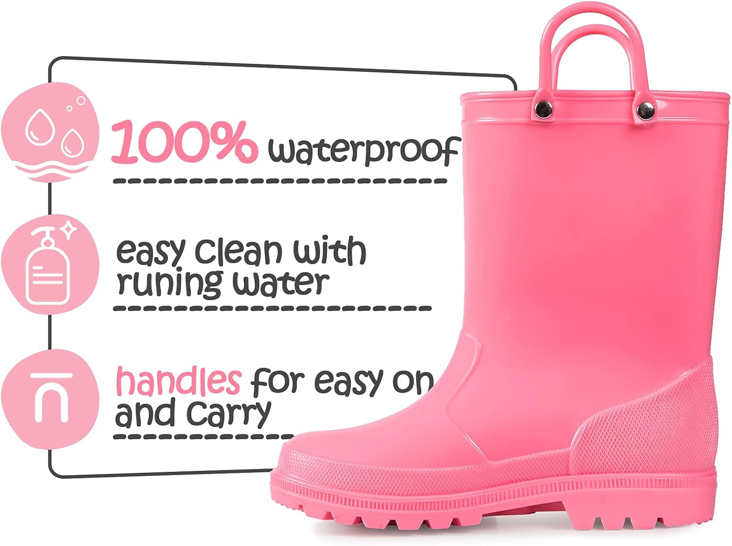 Kids Rain Boots, Toddler Girls & Boys Rain Boots Waterproof Memory Foam Insole and Easy-On Handles